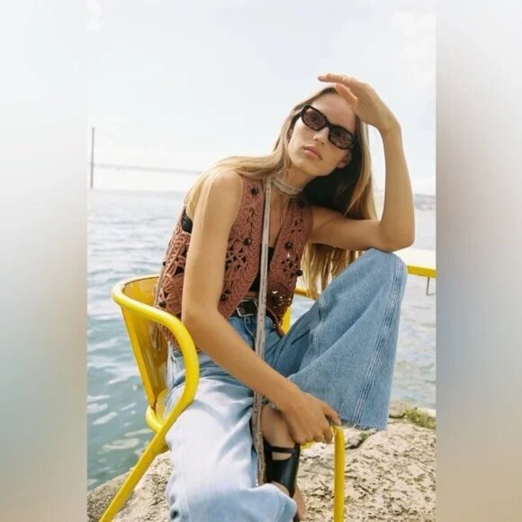 [🌟 PRICE FIRM] 🌞 ZARA Beaded Knit Vest Macrame Terracotta Rust Crochet S - Picture 2 of 15